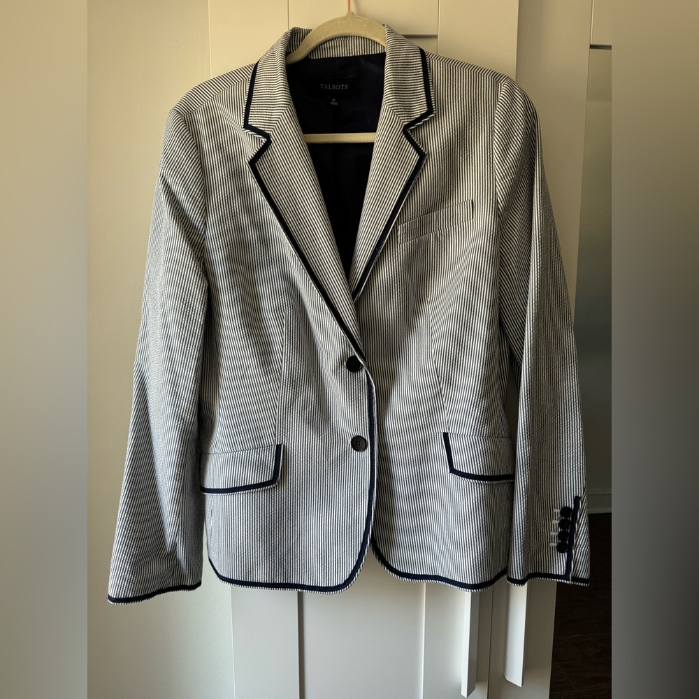 Talbots Seersucker Navy Blue & White Blazer 16 Plus